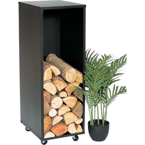 Dandibo – Étagère à bois de cheminée 96359 – Support métal noir sur roulettes – Hauteur 85 cm, largeur 29 cm, profondeur 37 cm – Panier à bois moderne