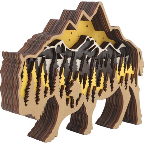 Coffret décoratif en buis sculpté 3D multicouche animal creux, ornement de table pour Halloween Pâques Buffalo (1/5)