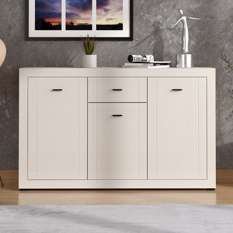 Cómoda Perca, Aparador un Cajón, 3 Estantes, Apertura Abatible y Deslizante, 147.5x41.5x91.5h cm Blanco Crema (1/5)