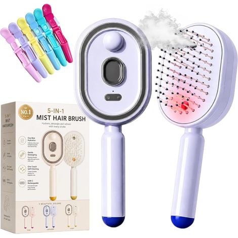 Peigne De Massage Electrique a Spray, Brosse Vapeur Cheveux 5 en 1 avec Brume Fine, Mode Lumière Rouge, Nettoyage Rétractable, Anti-Nœuds et Antistatique pour Cheveux Frisottés (Violet) (1/5)