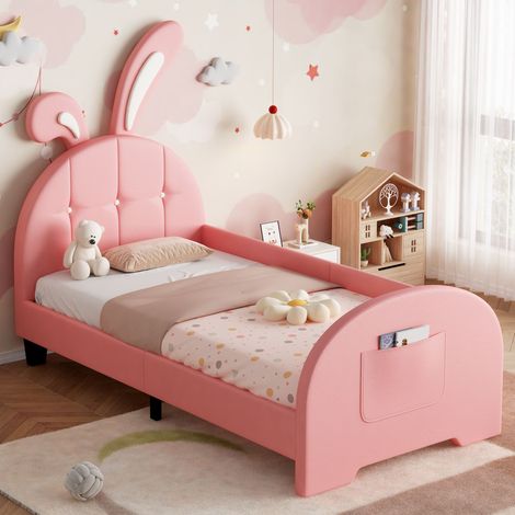 3ft Single Rabbit-Shaped Upholstered Bed Frame, Bunny Ear Headboard & Footboard Storage Pocket, Soft PU Leather Single Bed with Sturdy Metal-Wood Frame, Pink(No Mattress)