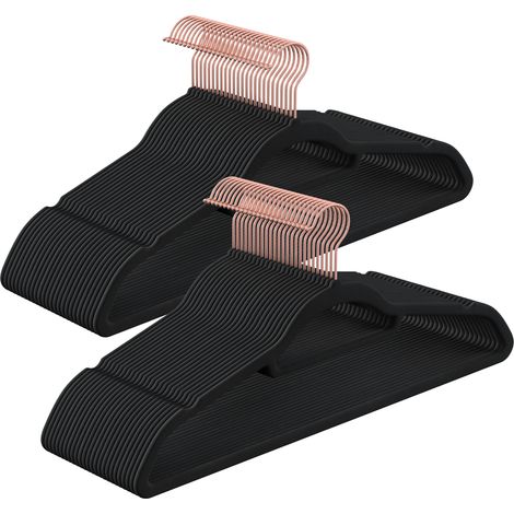 Cintre en Velours, Lot de 50, Antiglisse, Barre à Cravate, Crochet Pivotant 360°, Épaisseur 0,6 cm, Longueur 43,5 cm, pour Manteau, Robe, Pantalon, Noir et Rose Gold (1/5)