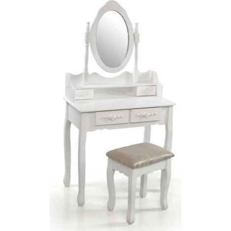 Consola con espejo y taburete blanco 71x40x146 cm, diseño clásico y romántico
