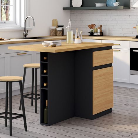 TINO Isla central de 120 cm con botellero, capacidad para 4 personas, madera negra con encimera efecto haya