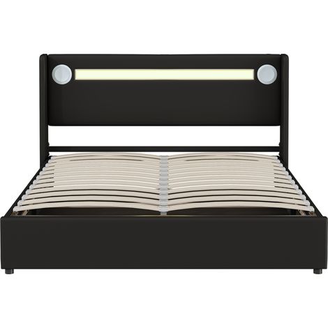 Lit mezzanine 160 x 200 cm en tissu rembourré noir, coffre relevable, LED/USB (1/5)