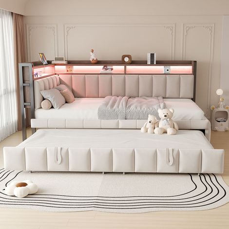 Canapé-lit 90x200 cm avec tiroir-lit, led, ports usb-type c et rangements en velours beige (1/5)