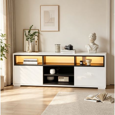 Meuble TV 150x35x50 cm en panneaux de bois blanc, avec rangement moderne pour petit salon FloraGrace (1/5)