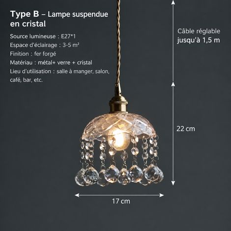 Lustre vintage suspension en cristal et laiton modèle C avec LED lumière chaude 36 × 36 × 36 cm 2 kg – Livraison gratuite