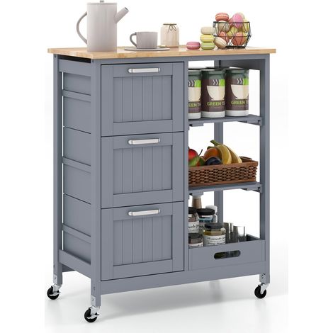 COSTWAY Carrello da Cucina con Ruote, Credenza Cucina con 4 Ripiani e 3 Cassetti, in Legno, Ideale per Cucina Ristorante e Bar, 67 x 37 x 83,5 cm (Grigio) (1/5)