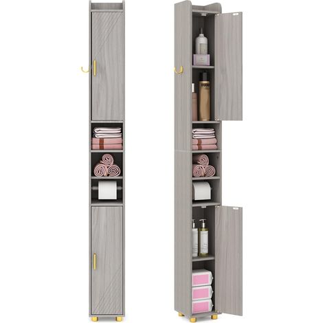 COSTWAY Mobiletto Bagno Salvaspazio 20 x 20 x 179 cm, Armadietto Stretto con 2 Ante, Ripiani Regolabili e Gancio Laterale, Armadio Salvaspazio per Cucina, Ufficio e Soggiorno (Grigio)