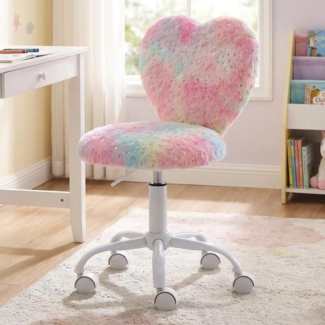 Wahson Kids Desk Chair in Soft Faux Fur Swivel Reading Chair with Love-like Backrest Height Adjustable for Children Study, Pink