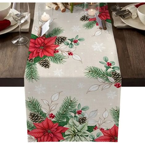 Chemin de table fleuri rouge, motif branches et pommes de pin d'hiver - 183 cm x 33 cm (1/5)