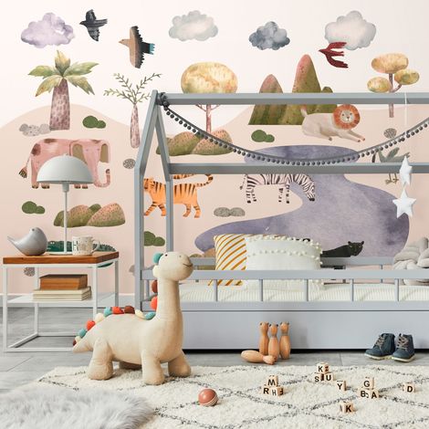 Papier peint photo - Afrique pour les tout-petits - animaux de la savane aux couleurs pastel (1/4)