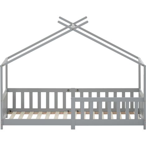 Lit cabane enfant gris 90 x 200 cm avec barrière de sécurité et sommier à lattes (1/5)