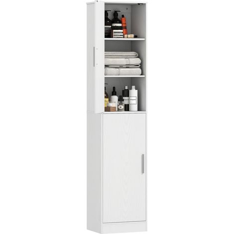 Meuble de salle de bain de 180 cm de haut, meuble étroit à 2 portes, 4 étagères réglables, panneaux de particules, MDF, blanc (1/5)