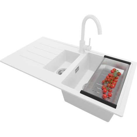 PRIMAGRAN Evier Cuisine en Granit 90x50cm,Lavabo 1,5 bacs + Robinet 32x20cm + Kit de Vidage, Évier à Encastrer au Meuble 60cm - Copenhague Duo, Blanc