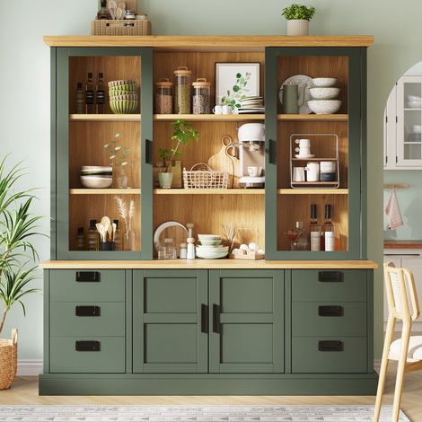 Buffet haut 140x40x185 cm Vaisselier haut 2 portes vitrées, 6 tiroirs, 2 portes basses, étagères réglables, MDF/métal, vert foncé et effet bois (1/5)