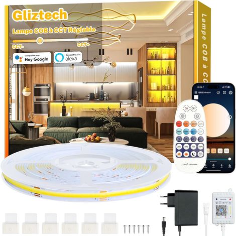 7M Ruban Led Blanc Chaud COB Compatible Alexa, 3000k à 6500k Bande Lumineuse Led Ultra Lumineux à Intensité Variable, Lumiere Led Cob avec Télécommande et Application Pour Meuble Cuisine Chambre (1/5)