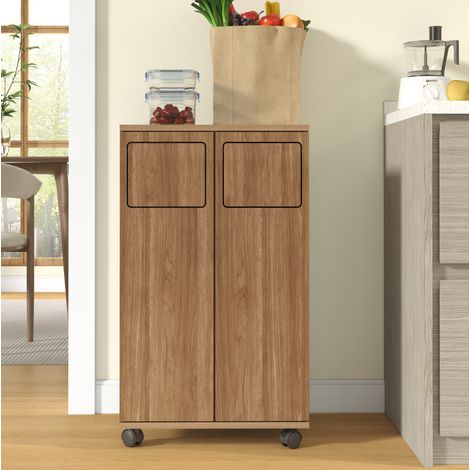 Mueble de reciclaje con 2 cubos y ruedas efecto roble, 46,7 x 35 x 80,3 cm DESVIAE (1/5)