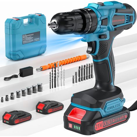 Perceuse Visseuse Sans Fil 21V, Couple de 45 Nm, perceuse électrique avec 2 Batteries 2.0Ah, 25+3 réglages de couple, 2 vitesses, lumière LED, mandrin auto-serrant de 10 mm, pour la maison et le jardi (1/5)
