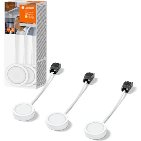 LEDVANCE kompakte Spotleuchten als Schrankunterbaubeleuchtung, weiß, 3-teilig mit je 65mm Durchmesser, modernes und schlankes Design, 3x3W, 3000K (warmweiß) (1/4)