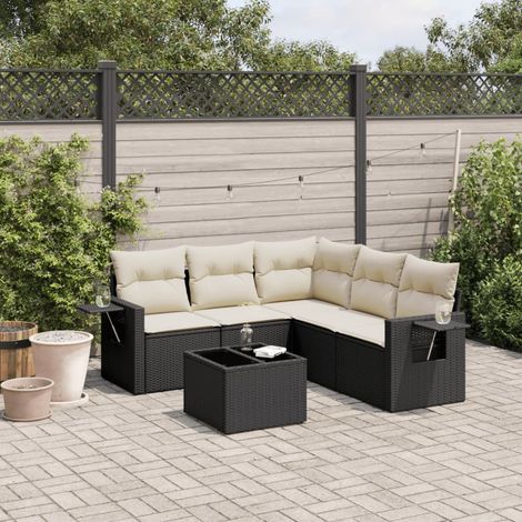 Ensemble jardin 6 places résine tressée noir avec table verre trempé et coussins crème - Salon extérieur modulaire (1/4)