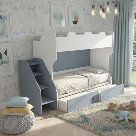 Letto a castello salvaspazio con terzo letto estraibile e scala laterale - Ideale per camerette - Bianco e Avio