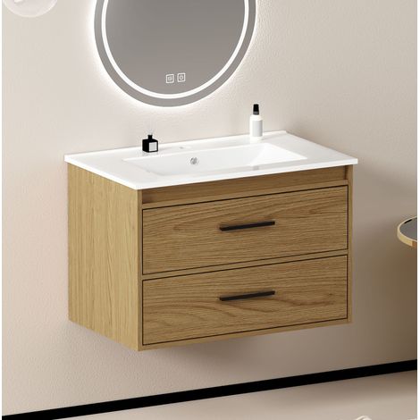 Badmöbel mit Waschbecken 75 cm, 2 Schubladen, helle Eichenoptik HAVRYA (1/5)