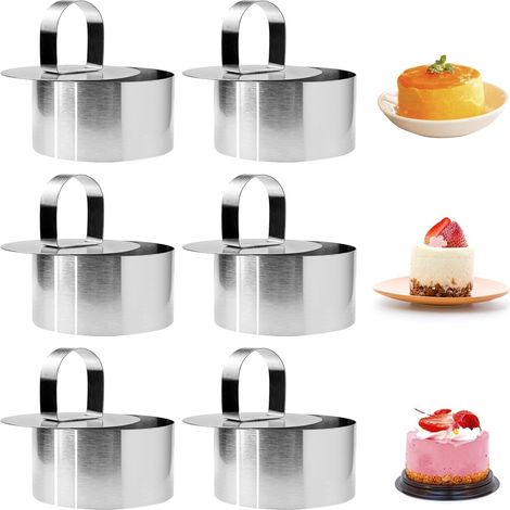 Lot de 6 cercles à dessert en acier inoxydable avec poignée, pour gâteaux, mousses et desserts. Dimensions : 8 x 8 x 3,8 cm. (1/5)