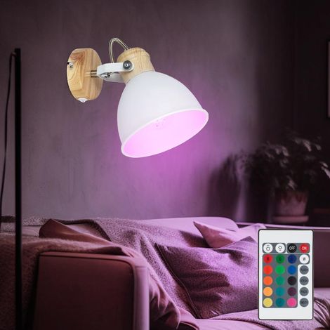 LED Wandlampe dimmbar mit Fernbedienung Leseleuchte Wohnzimmerlampe Wandleuchte Schlafzimmerlampe schwenkbar, RGB Farbwechsel, Metall Holzoptik weiß, 8,5W 806lm warmweiß, BxH 15 x 18,5 cm