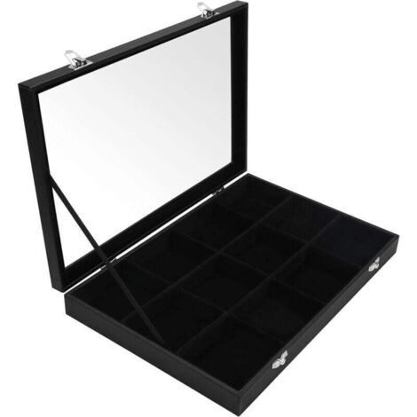 Rangement Bijoux en Velour Noir avec 12 Sections & Couvercle en Verre - Plateau Bijoux Feutre avec Compartiments Ajustables - Rangement Boucle d’Oreille, Bagues, Colliers & Bracelets (1/5)
