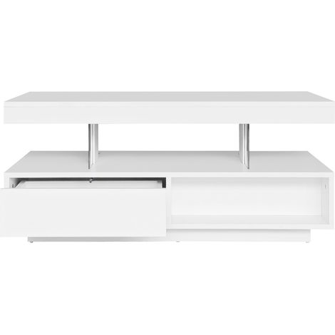 Table basse blanche laquée 95x50x42,5 cm, table de salon avec led intelligente Bluetooth, 2 tiroirs et 4 plateaux en verre (1/5)