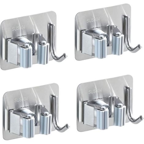 Lot de 4 supports muraux pour balai en acier inoxydable, porte-balai auto-adhésif, antirouille, avec 1 crochet et 1 fixation rapide pour vadrouille, balais et outils de jardin