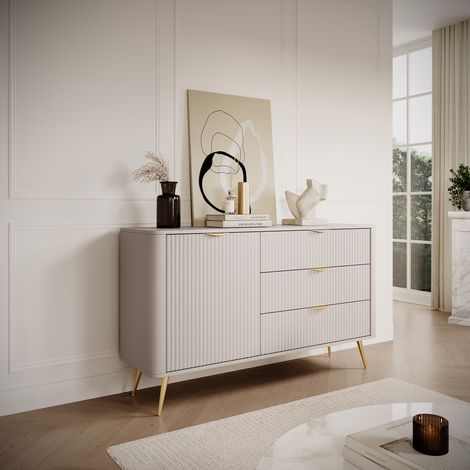 Credenza Halilomo, Aparador 3 Cajones, un Estante, Apertura Batiente, Deslizante, 138x38x81h cm Beige (1/5)