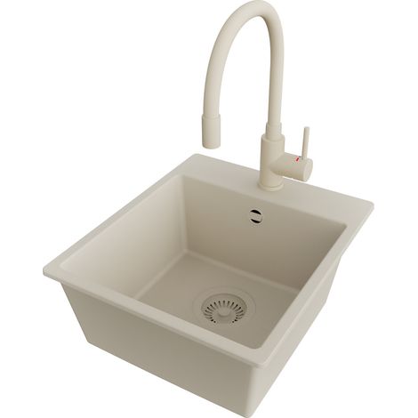 PRIMAGRAN Evier Cuisine en Granit 38x44cm,Lavabo 1 bac + Robinet 38x14cm + Kit de Vidage, Évier à Encastrer au meuble 40cm - Riga Easy, Beige (1/5)