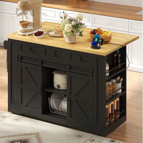 Îlot de cuisine mobile en MDF noir et bois clair, 130 x 50 (80) x 87 cm, plateau rabattable, 3 tiroirs, rangements réglables, prises électriques et roulettes verrouillables – CHICFURN (1/5)