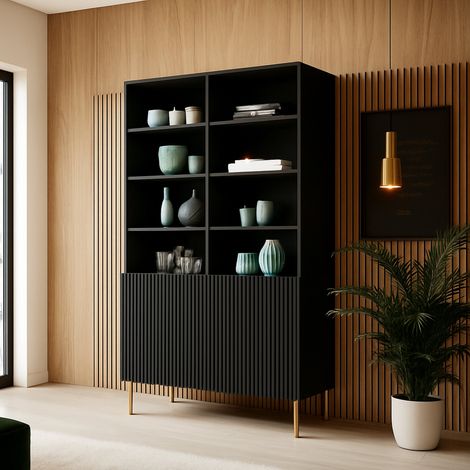 Librería Estarreja, estantería con compartimentos abiertos y dos puertas, elevada del suelo, 100x42 h177 cm, color negro (1/4)
