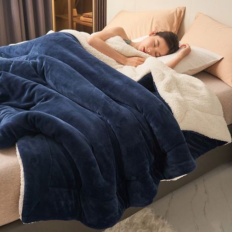 1 pièce Couverture polaire double couche, flanelle lait et sherpa, 200x230 cm, plaid hiver ultra chaud, uni marine pour lit ou canapé