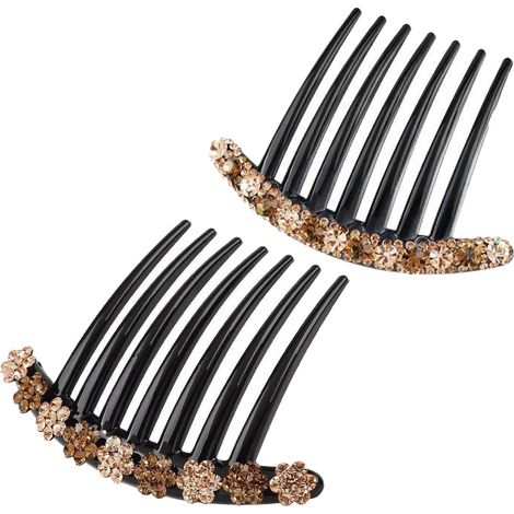 Peigne Latéral Pour Cheveux - 7 Dents - Décoré De Strass Et Fleurs - Pour Femme - 2 Pièces (1/5)