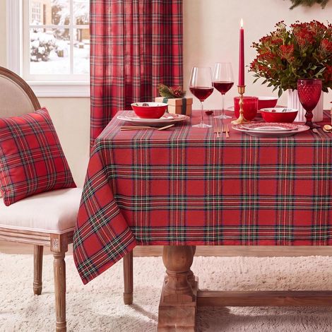 Weihnachts-Tischdecke Rot Kariert 137x203 cm Schmutzabweisend Waschbar für Esszimmer Party Urlaub
