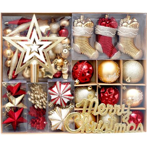 Set mit 70 Weihnachtsdekorationen, darunter Weihnachtsstrümpfe, Sterne und Schneeflocken für den Weihnachtsbaum. Bruchsicherer Weihnachtsbaumschmuck in Rot und Gold.