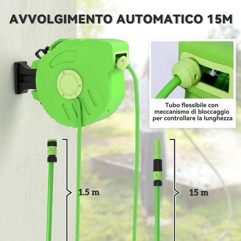 Tubería de agua retráctil desde el jardín hasta 15 m, tubería de agua giratoria 180°, flujo de agua automático, verde