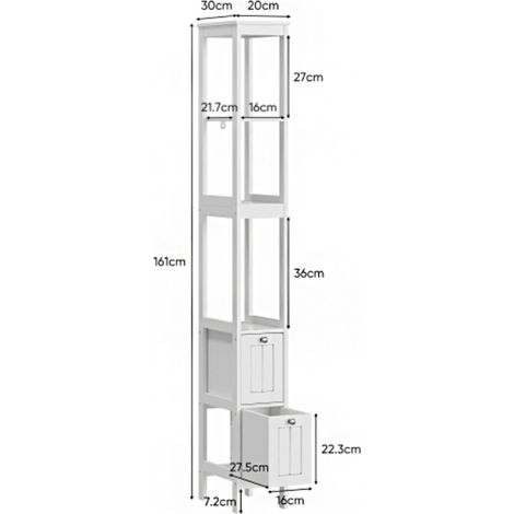 Armoire haute étroite – Meuble bas autoportant, colonne de rangement en bois, 2 tiroirs et 3 étagères, dimensions 20 x 30 x 160 cm, blanc – Solution gain de place vertical (1/5)