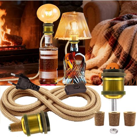 Bottle Lamp Adapter, E26 Brass Bottle Lamp Kit, Lamp Holder with 240 cm Hemp Rope Cable, Ceramic E27 Socket, 3 Sizes of Caps, No Bulb, Lampshade (1/5)