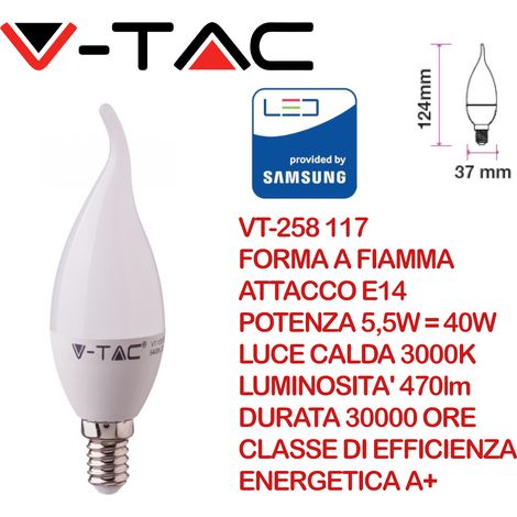 V-TAC PRO VT-258 Lampadina LED Chip Samsung E14 5,5W Candela a Fiamma Bianco caldo - 3000K