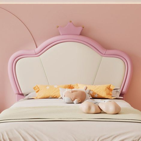 Lit enfant 90x200 cm - Tête de lit couronne - PU rose et blanc - Sommier inclus - Design moderne (1/5)