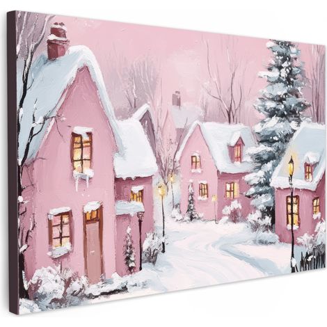 TABLEAU SUR TOILE Village de Noël - Rose - Hiver - Neige - Maisons Toile Peinture Grand Format XXL 150x100 cm