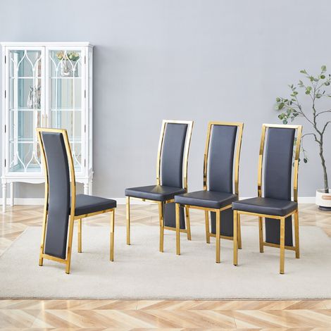 Pack de 4 sillas de comedor, respaldo alto acolchado en cuero sintético y estructura metálica, negro y dorado (1/5)