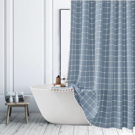 Blauer Duschvorhang im Boho-Stil für moderne, minimalistische Badezimmer im Landhausstil, schwerer Leinenstoff mit Quasten, 180 x 200 cm