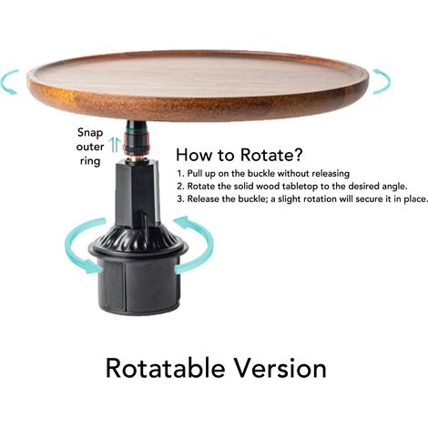 Tablette de voiture universelle avec support pivotant 360°, plateau en bois et tapis silicone pour gobelets et repas (1/5)